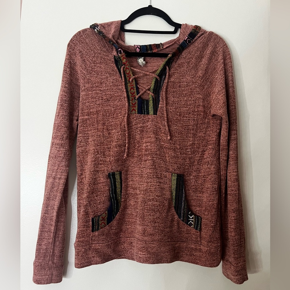 Mexican Baja Drug Rug Patchwork Beach Hoodie Pull Over Mauve Pink Sweatshirt